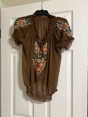 Embroidered Brown Peasant Blouse with Floral Accents